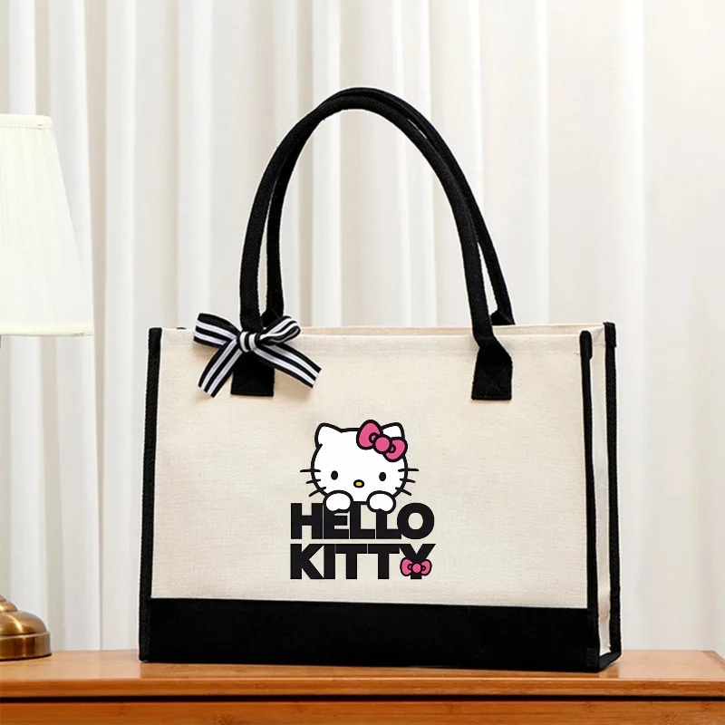 

New Hello Kitty Beige Canvas Crossbody Bag Women Fashion Tote Handbag