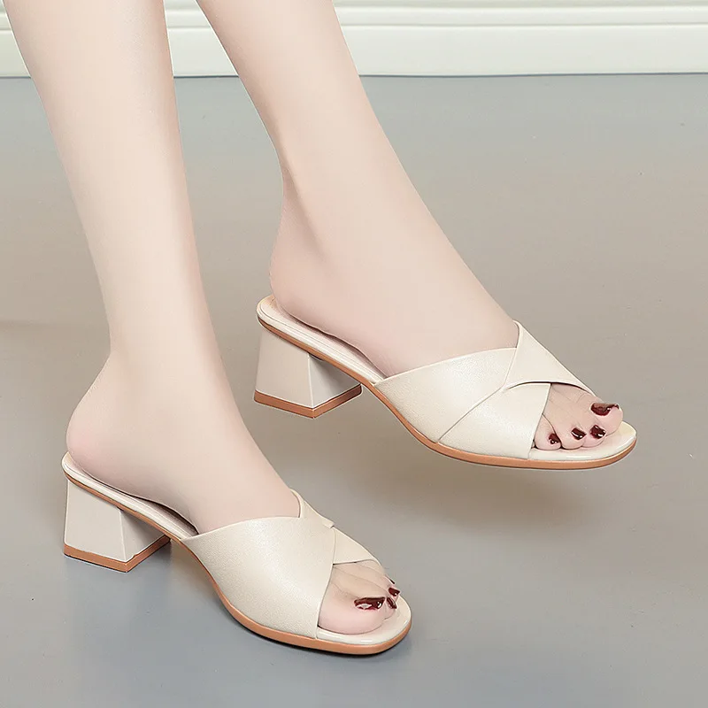 2024 New Summer Versatile Slippers Women High Heels Square Head Fashion Female Sandals Soft Leather Summer Shoes Simple