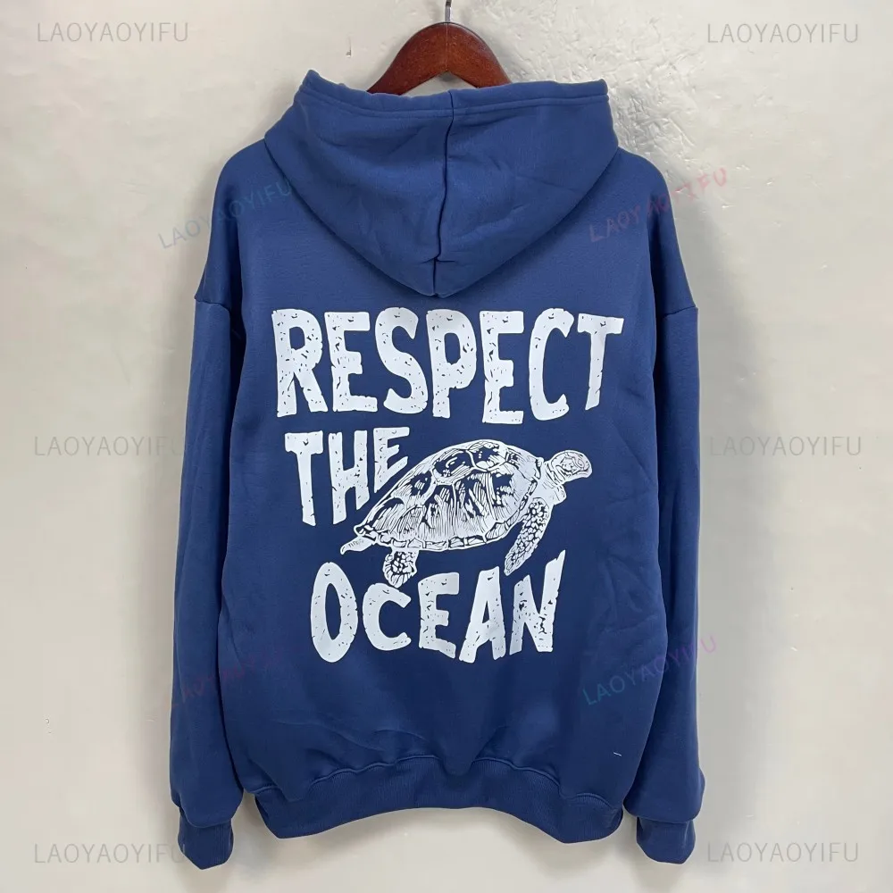 Respect The Ocean Hoodie - Ocean Surf Hoodie Carolina Blue Hoodie Words on Back Turtle Sweatshirt for Outdoor Enthusiasts