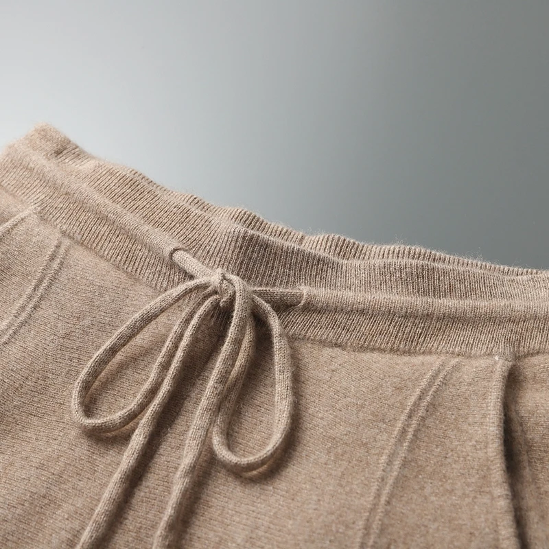 100% Cashmere Air-Layer Elastic Waist Slim-Fit Pants Men Fashion Casual Long Pants Autumn Winter Classic Sports Knitted Pant