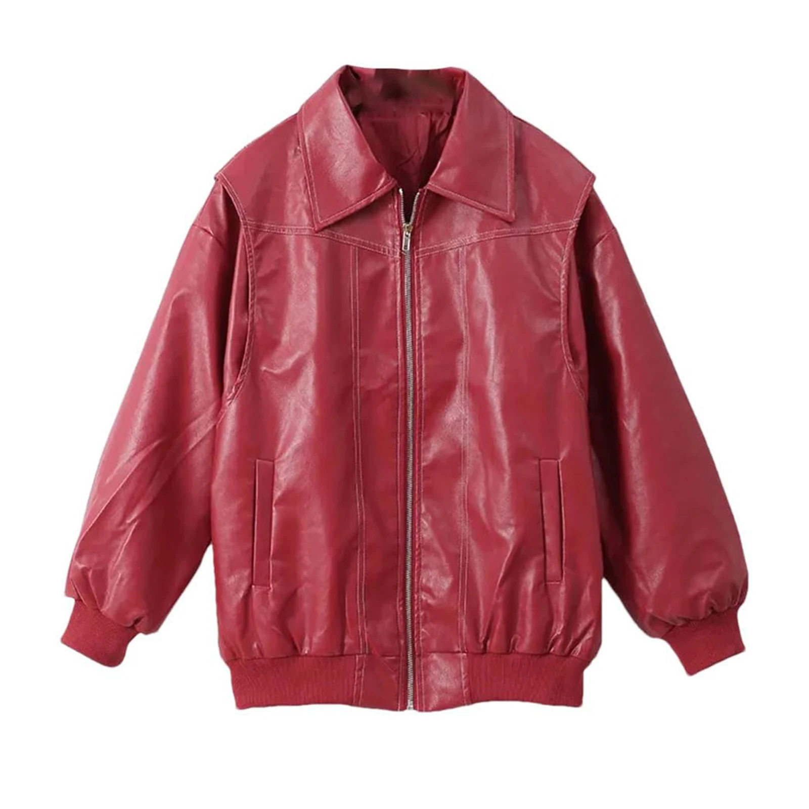 レディースファッション ソリッドカラー ラペル 長袖 ジッパーポケット ルーズ テンパメント ジャケット レザー ジャケット アウター