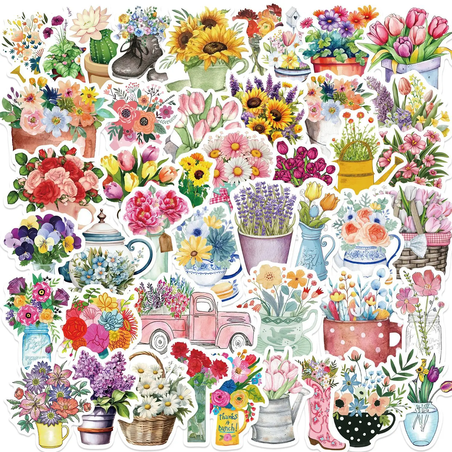 Bouquet Cartoon Stickers, Flores, Planta em vaso, Diário, Scrapbook, Laptop, Telefone, Guitarra, Estética, Decalques Presente, 10 pcs, 30 pcs, 50pcs