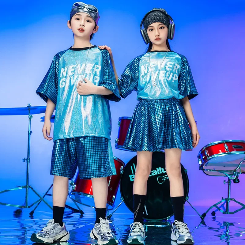 Mädchen Pailletten Hip Hop Kostüm Blau Tops Pailletten Glänzende Shorts für Jungen Kinder Jazz Kleidung Street Dance Bühne Sets