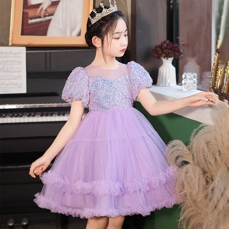 ELBCOS 4-16T Kid Girls Princess Sequin Solid Color Short Puff Sleeve Straight Skirt Costume Evening Full Dress