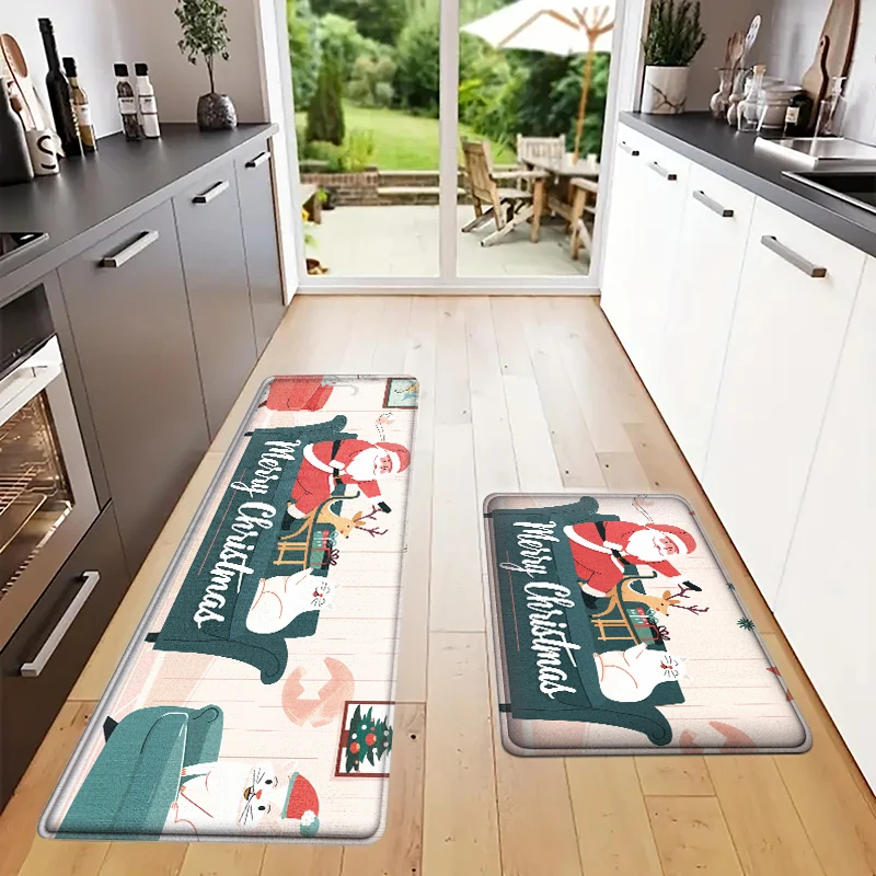 

Christmas Kitchen Floor Mat Santa Claus and the Cat Party Decoration Hallway Entrance Doormat Living Room Bedroom Home Decor