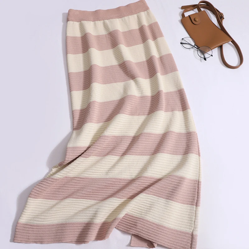 Women Casual Polo Neck Half Zipper Sleeveless Loose Top Elastic Band High Waist Split Slim Skirt Contrast Color Stripes Knit Set