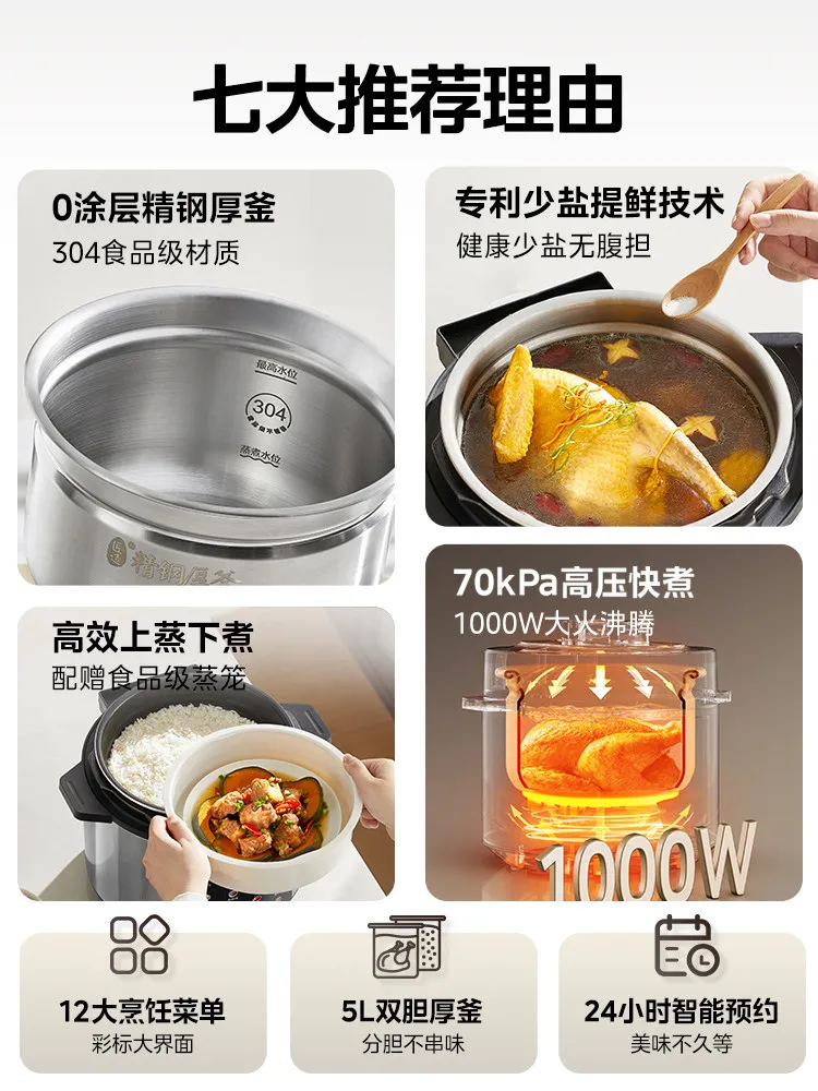 Midea Electric Pressure Cooker, 5l, Dual-liner Rice Cooker & Pressure Cooker Combo, Multi-functional, 0-coating Electric Cooker