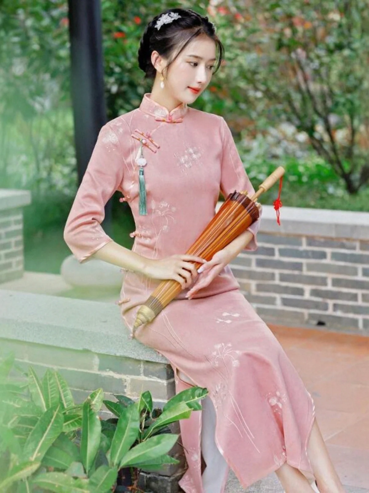

Ele Long Embroidered Pink Qipao Young Elegance Slim Fit Daily Seven Sve New Chinese Sle Wedding Dr