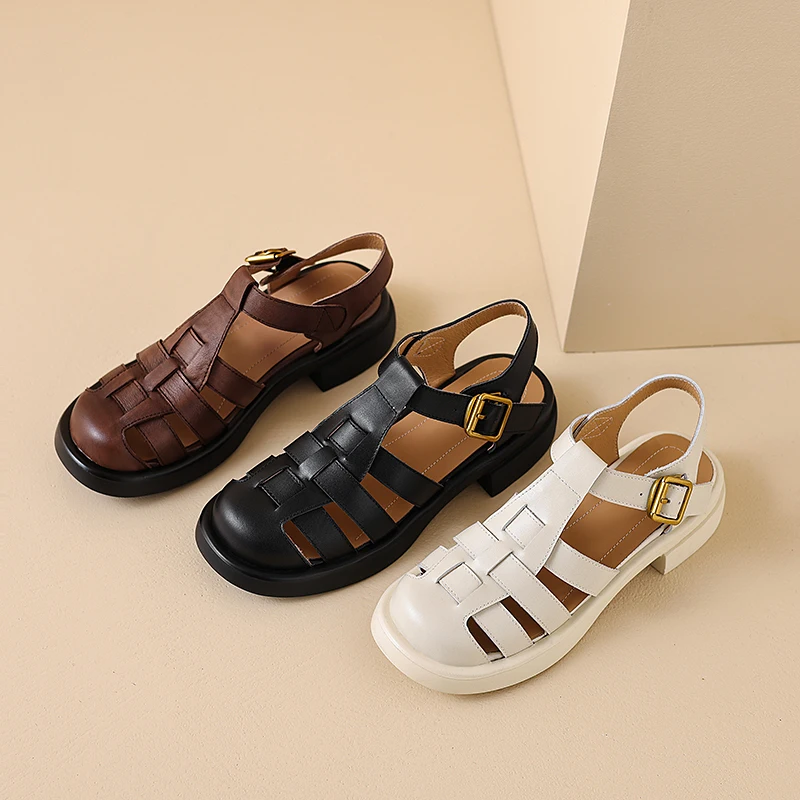 2024 new spring women sandals natural leather shoes 22-24.5cm washed cowhide+pigskin full leather t-strap Flat retro toe sandals