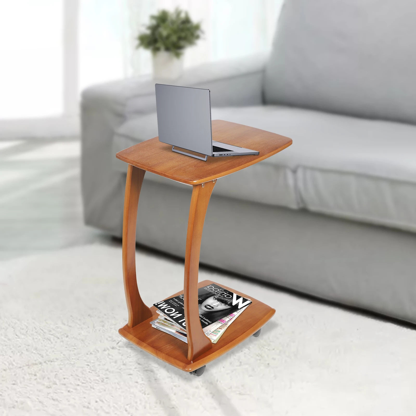 

C Side Table, Solid Wood End Table with Rolling Wheels, Couch Table That Slide Under for Small Space Living Room, Bedroom