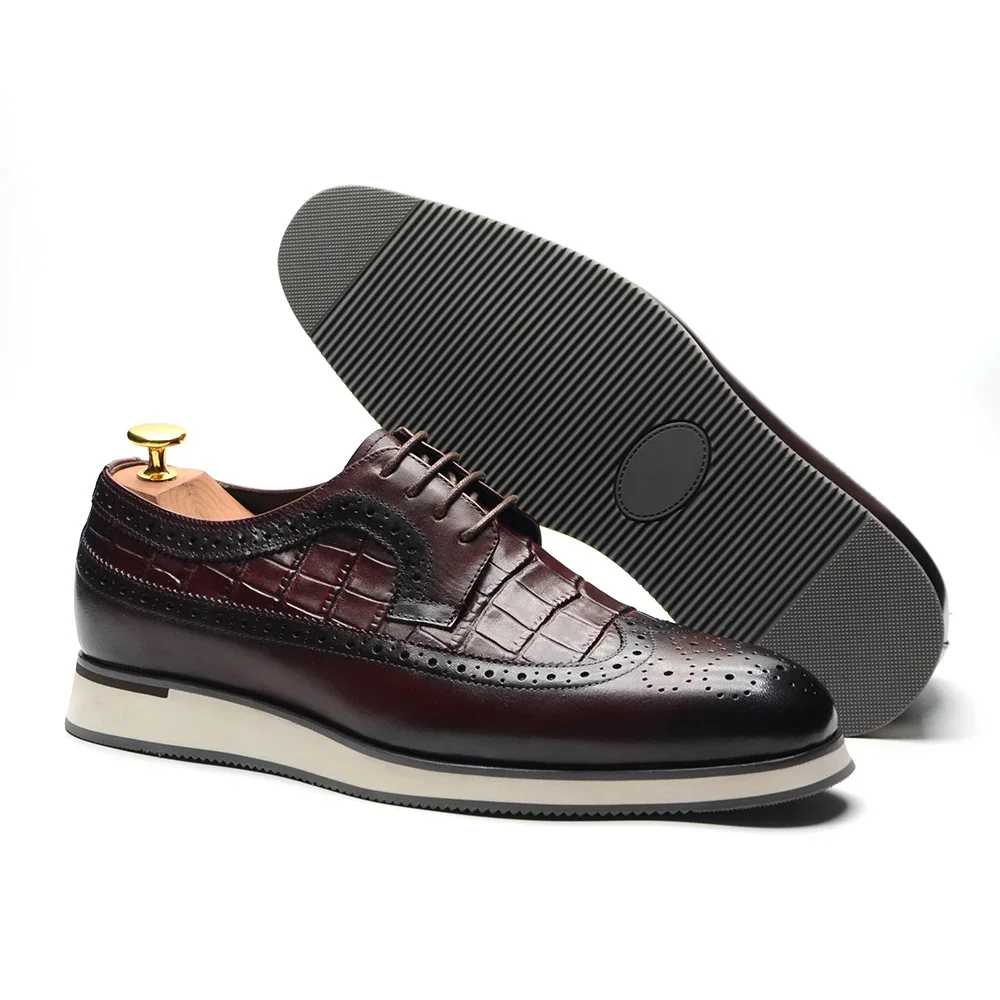 Classic Brand Designer Cow Real Leather Burgundy Mens Flat Sneakers Crocodile Print Wingtip Brogues Derby Casual Dress Shoes