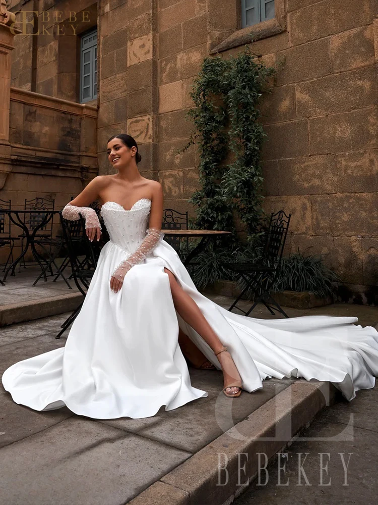 BEBEKEY فساتين زفاف مطرزة باللؤلؤ على شكل قلب على شكل حرف a فستان زفاف رسمي مخصص بأكمام طويلة فيستدوس دي نوفيا