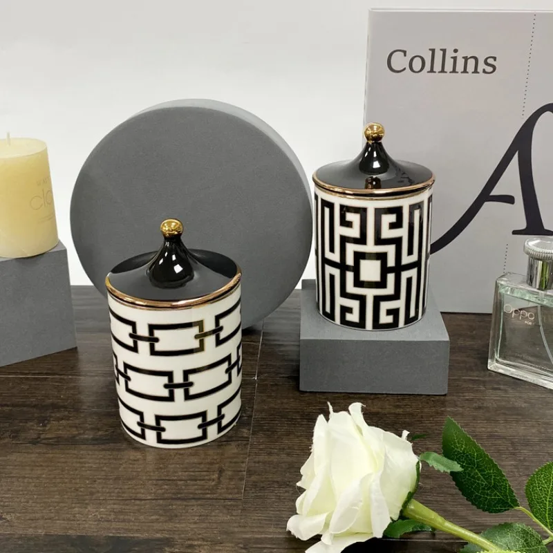 Tarro de vela perfumado geométrico, tarro de almacenamiento de cerámica a rayas de laberinto artístico, botella de almacenamiento de dulces y galletas, contenedor de alimentos, decoración del hogar