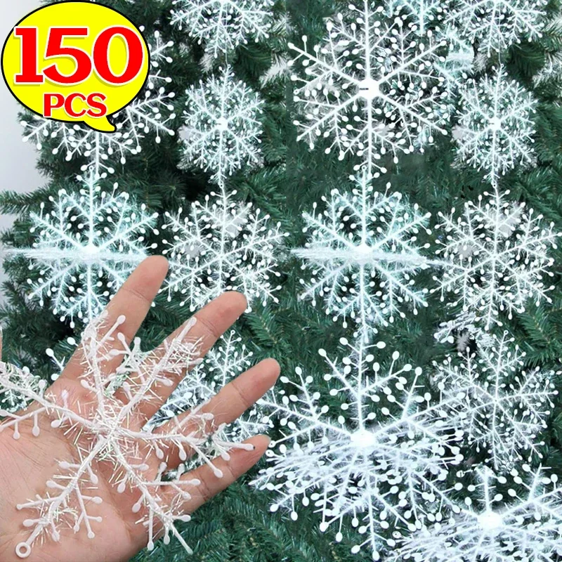 150/30PCS White Christmas Snowflakes Ornaments Xmas Tree Wreath Hanging Pendents Artificial Glitter Snow Flake Home Decoration