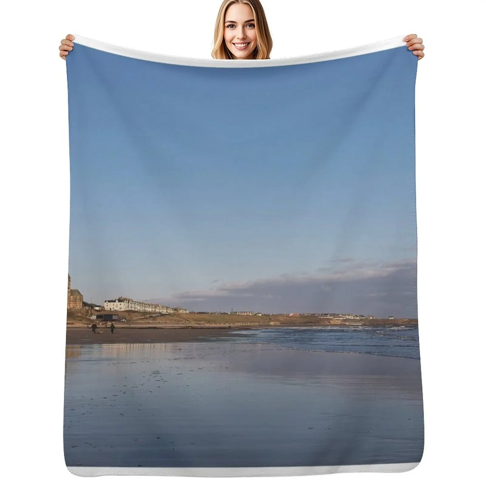 Winter sunshine on Tynemouth Longsands Throw Blanket Shaggy Furry Soft Blanket for Bedroom Living Room
