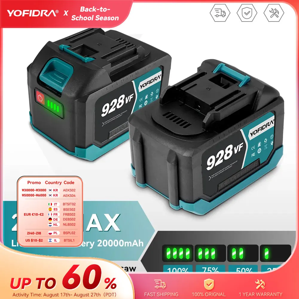 YOFIDRA 388VF 928VF wiederaufladbarer Lithium-Akku, 22500 mAh, 15000 mAh, Li-Ionen-Akku für elektrische Kettensäge, Bohrschlüssel, Elektrowerkzeug