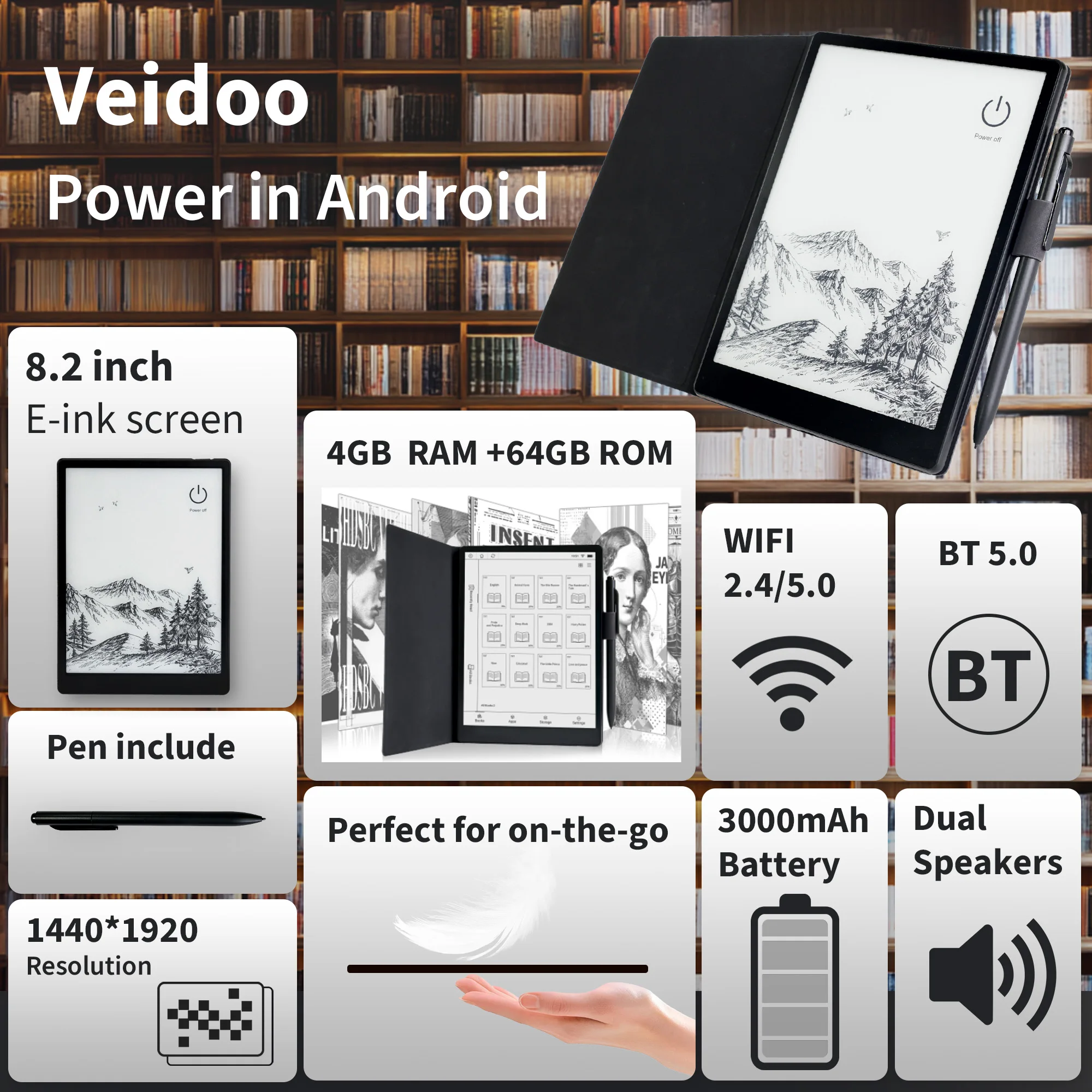 Veidoo 8.2-inch 64GB ROM e-book reader Large e-ink touchscreen Android 3000 mAh with stylus cover Chinese Russian French e-reade
