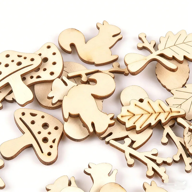Mix Mushroom/hedgehog/squirrel/Pine Cones/leaves Pattern Wooden Ornament Wood For Scrapbooking DIY Carfts Home Decor 20pcs m2154