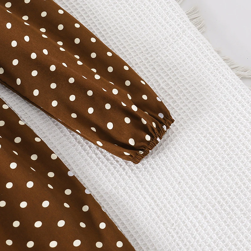 Retro-Freizeitkleid mit Punktemuster für Teenager-Mädchen, Rundhalsausschnitt, Reißverschluss hinten, Laternenärmel, geraffte Taille, Swing-Midikleid – Detail 5