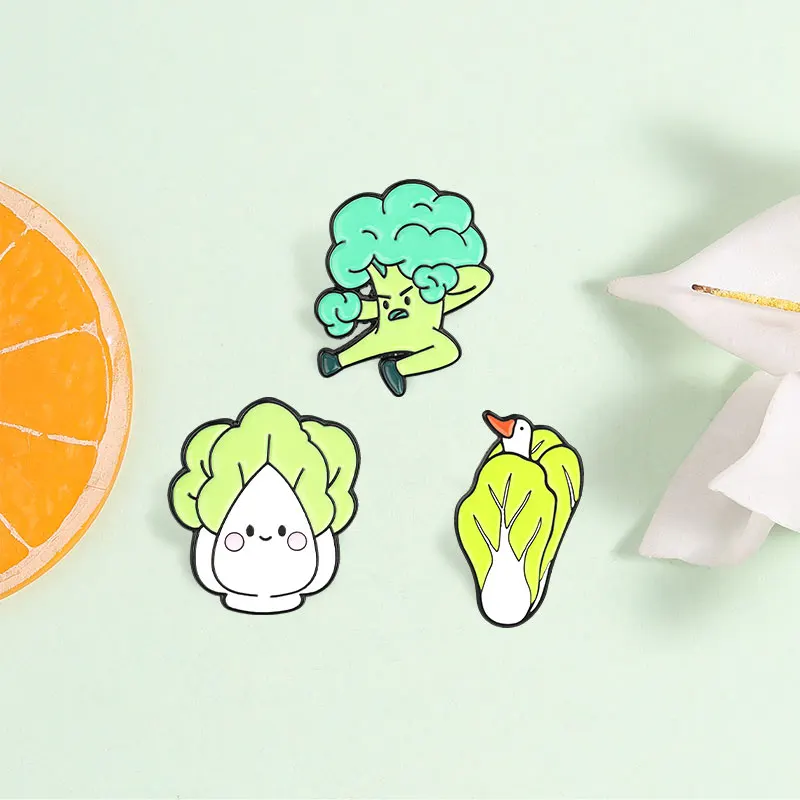 Funny Vegetable Enamel Pins Cute Duck in Cabbage Muscle Bitter Melon Broccoli Tomato Cucumber Brooches Lapel Bagde Jewelry Gifts