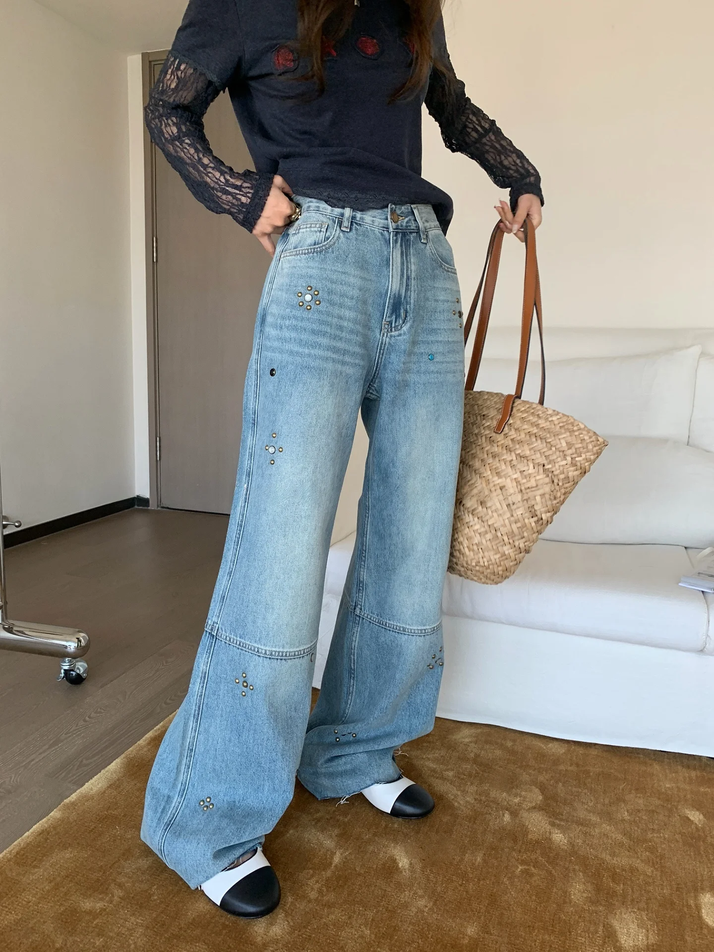 

Loose Casual Wide Leg Denim Jeans Printed Waed Jewelry Stone Detailing Spring Summer New Sle Retro Ladies Jeans