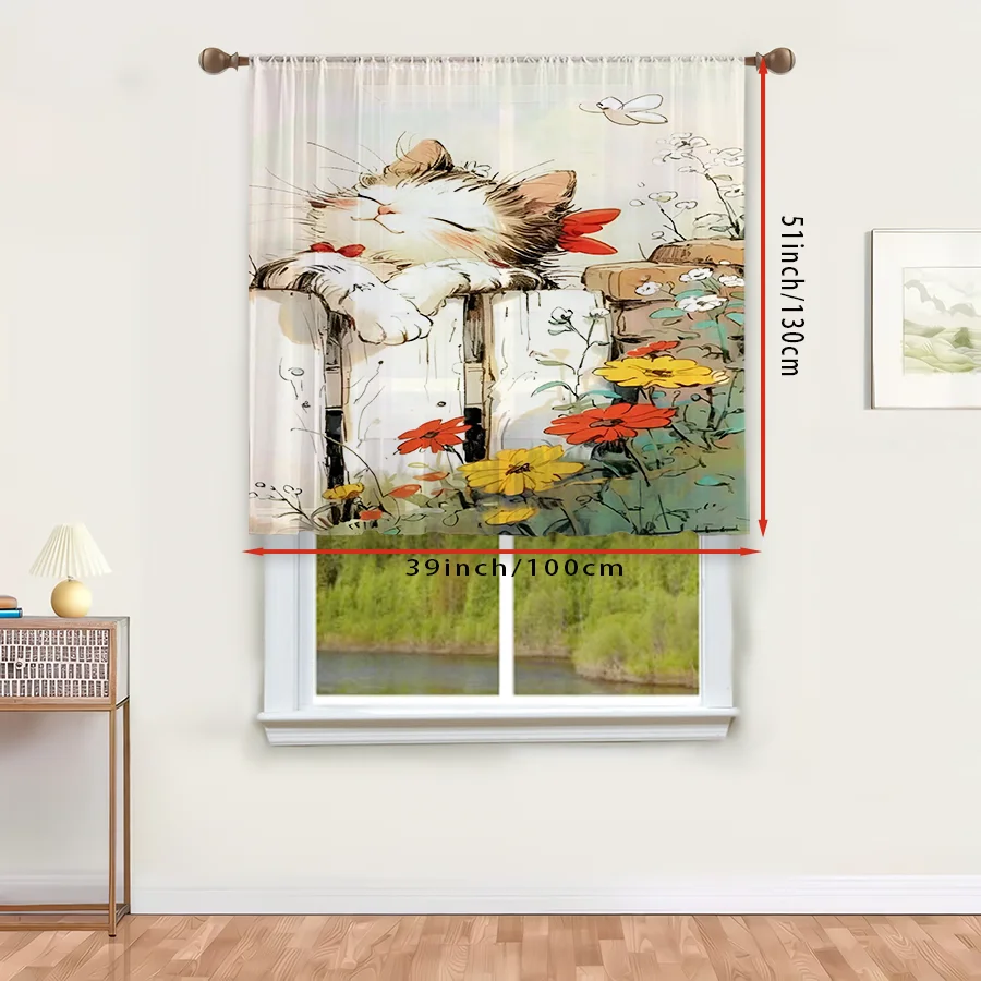 1PC Sheer Curtain Cute Cat Garden Fence Flower Print, Rod Pocket Window Curtain for Living Room Cat Lover Decor