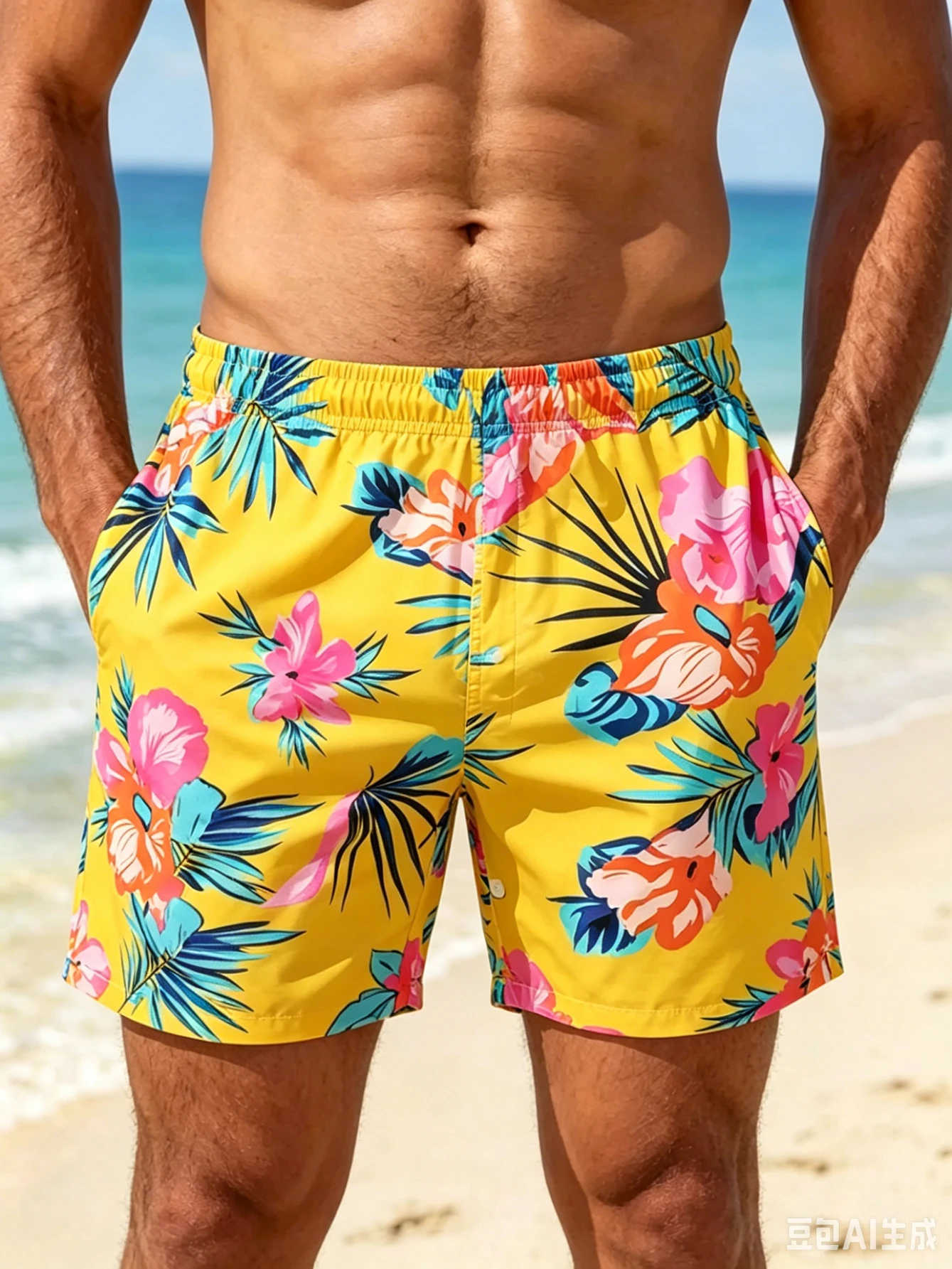 

Men's Tropical Floral Print Swim Trunks, Yellow Hibiscus & Palm Leaf Beach Shorts with Pockets, Quick Dry Drawstring Board Short