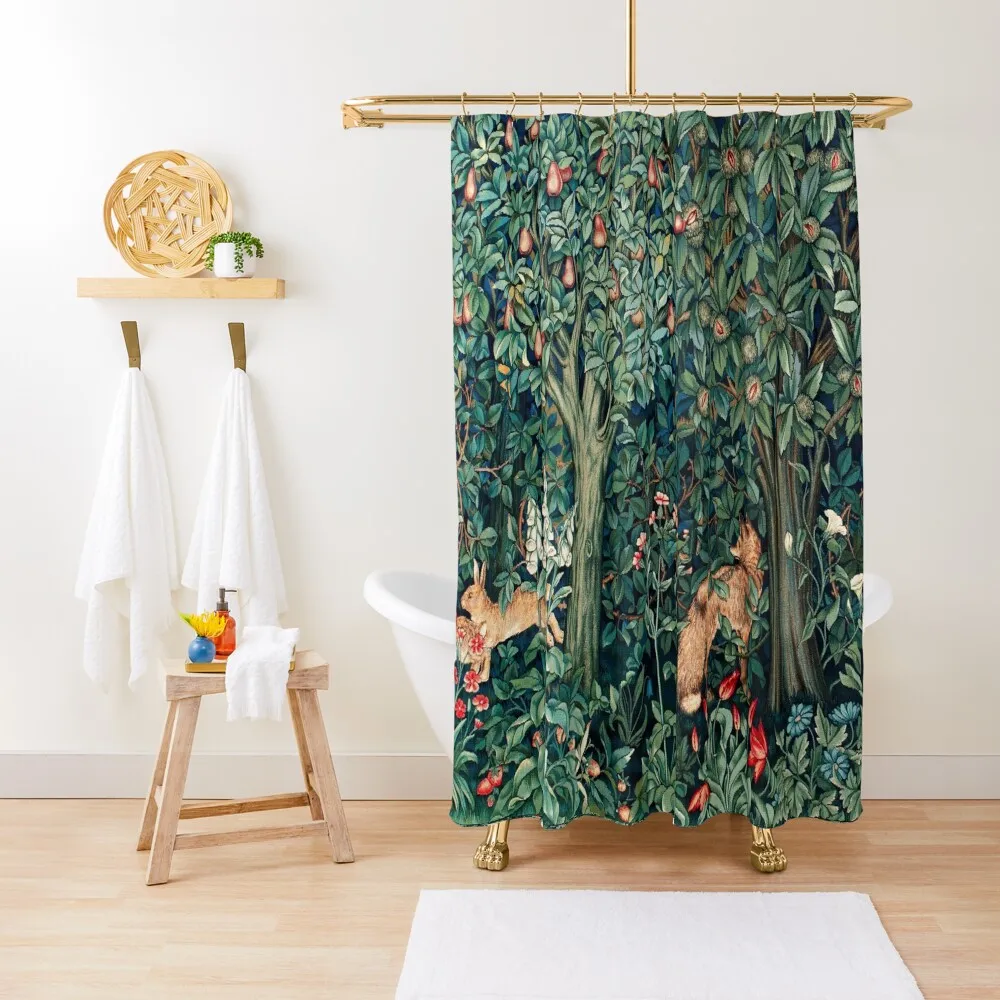 

GREENERY, FOREST ANIMALS Fox and Hares Blue Green Floral Tapestry Shower Curtain Transparent Bathroom Shower Cover Curtain