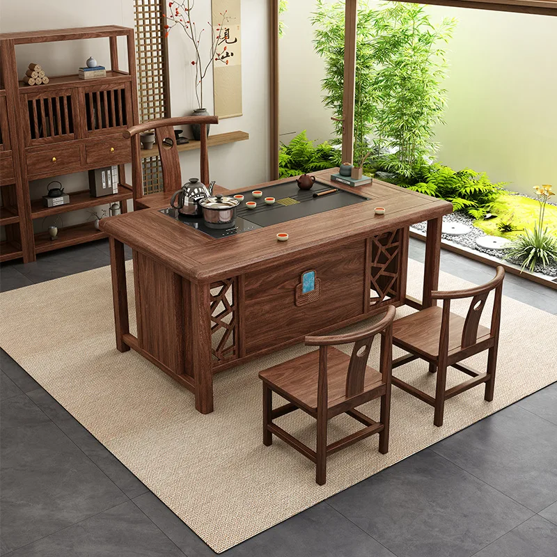 Chinese walnut solid wood household medium and small apartment living room balcony tea table chair wet brewing tea table light