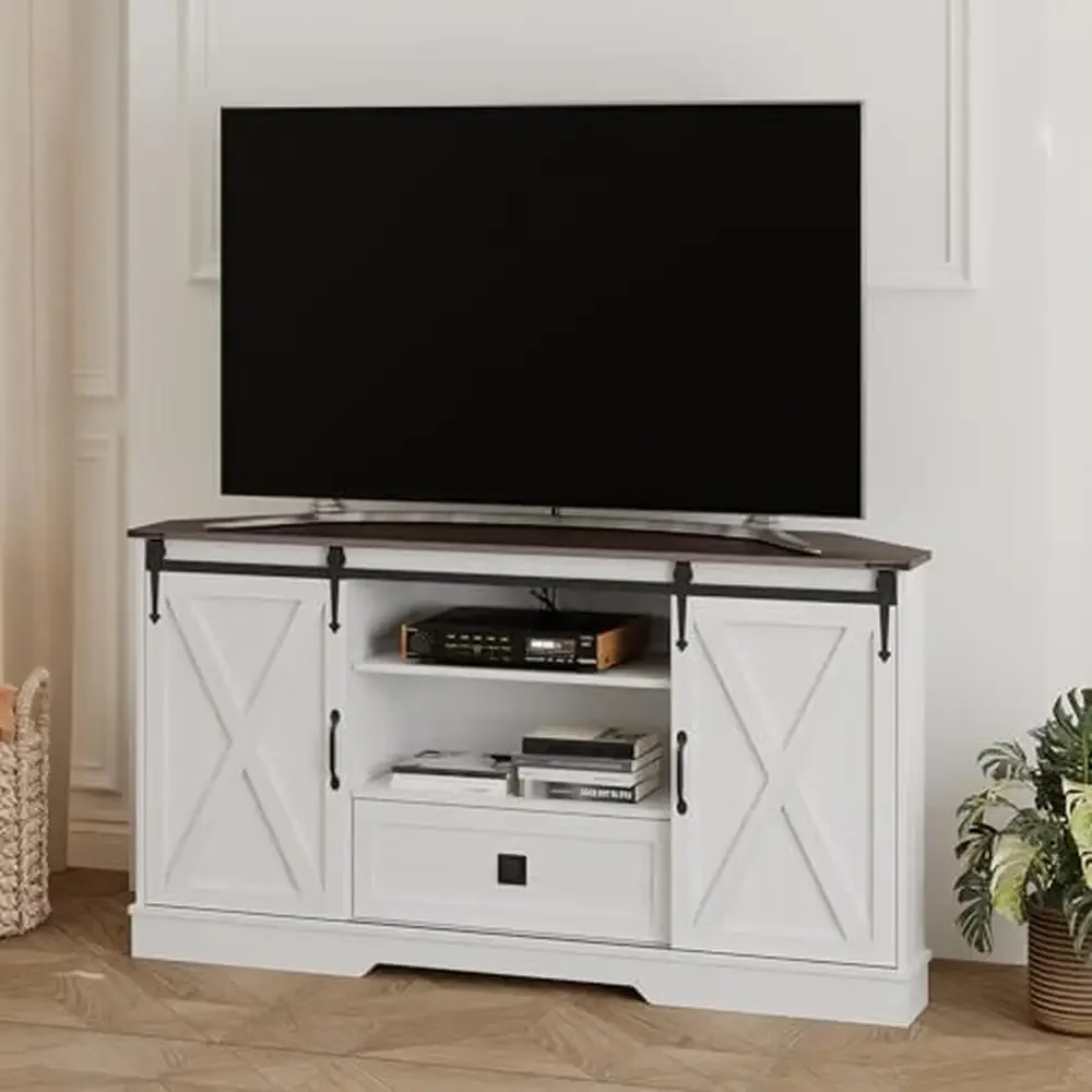 

Corner TV Stand Sliding Barn Door Wood Entertainment Center Media Console Cabinet 65" TV 31"H White Neat Cable Management