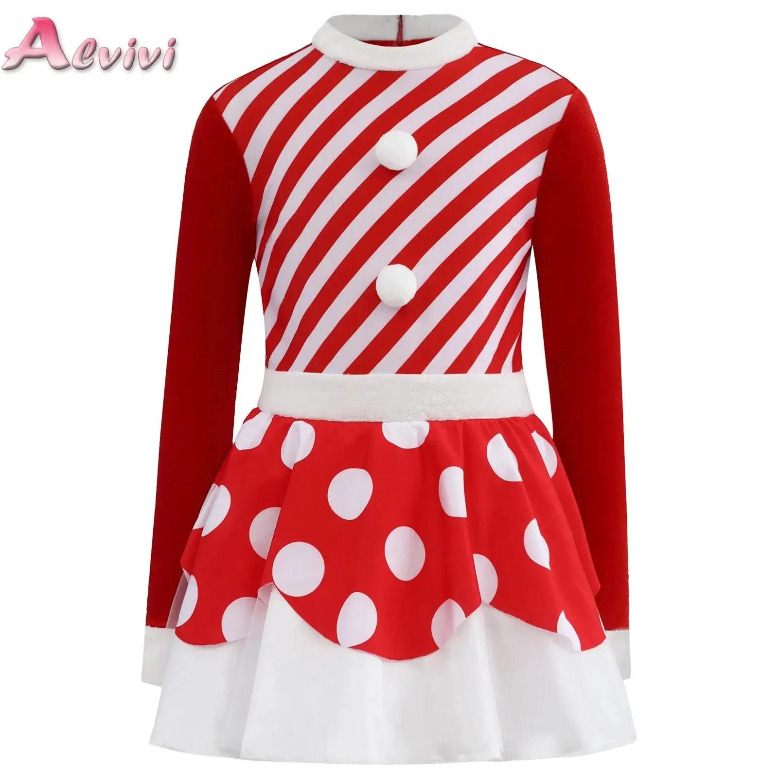 

Candy Cane Christmas Dance Dress Girls Pompom Striped Mesh Tutu Ballet Leotard Figure Skating Dress Stage Performance Costume