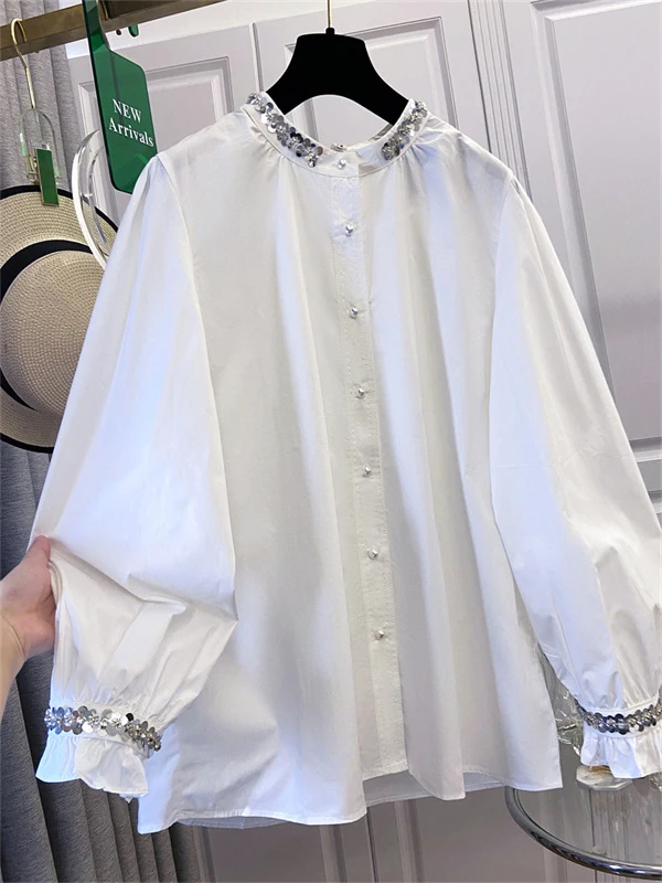 

Heavy Embellied Pearl Button Loose round Ne irt White Women's Casual Faion 2025 Autumn New Sle Chinese Production