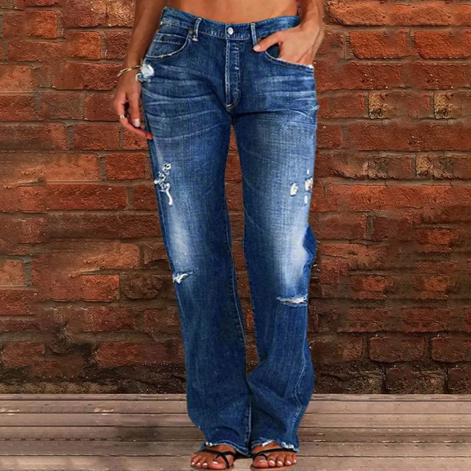 

Straight Leg Jeans Women Ripped Hem Low Waisted Denim Jeans Ladies Elegant Long Straight Leg Cropped Hem Stretchy Streetwear