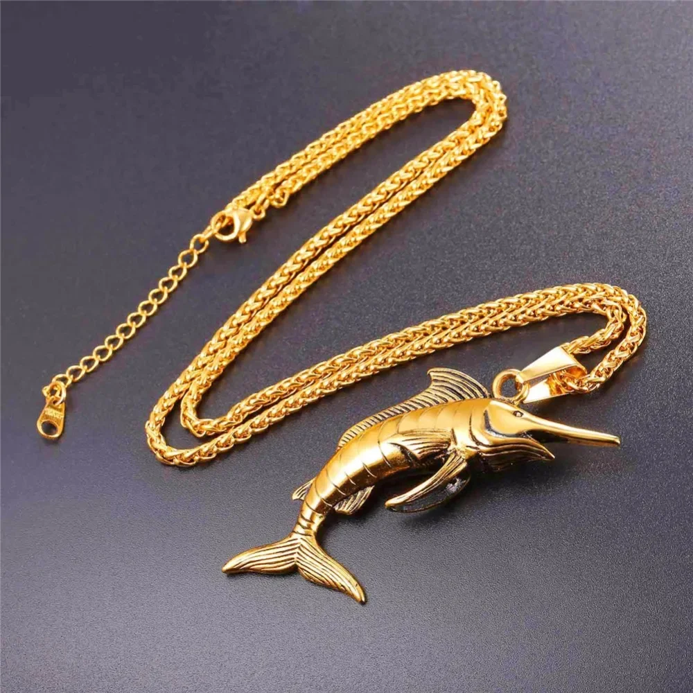 Stainless Steel Swordfish Necklace Steampunk Big Fish Jewelry for Men GP2593