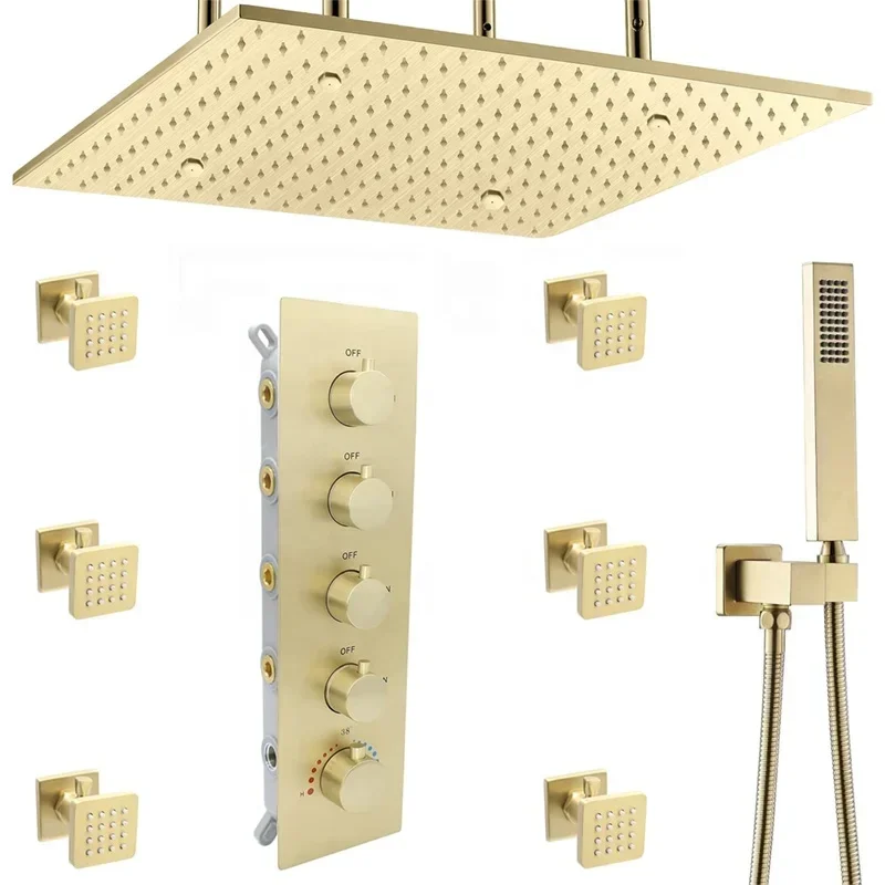 Luxury Brushed Gold copper 16 Inch Ceiling Mount brass bathroom Rain Overhead thermostatic Shower Head System fixture Combo Set