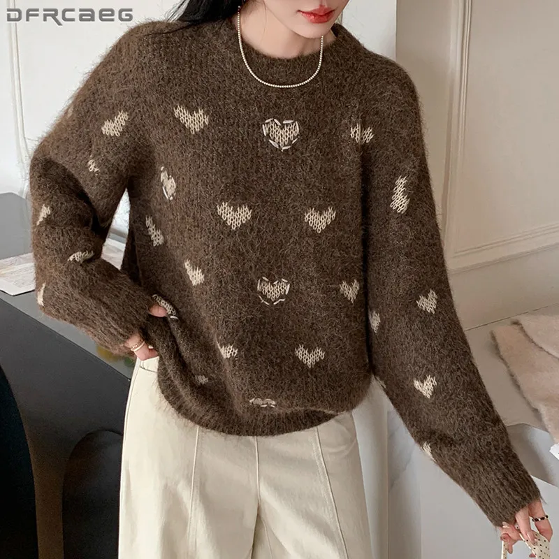 

New Arrvals Love Jacquard Sweet Winter Sweater For Women Long Sleeve Soft Warm Thicken Pullover Knit Top Gray
