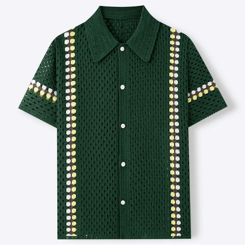 Spring Summer Seaside Beach Casual Shirts Mens Knitted Short Sleeve Buttoned Lapel Cardigan Tops Vintage Hollow Out Knit Shirt