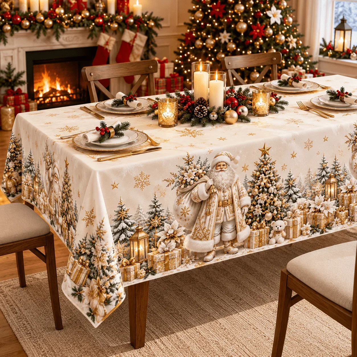 1 square tablecloth, Santa Claus Christmas tree snowflake print, classic champagne gold Christmas style, polyester material