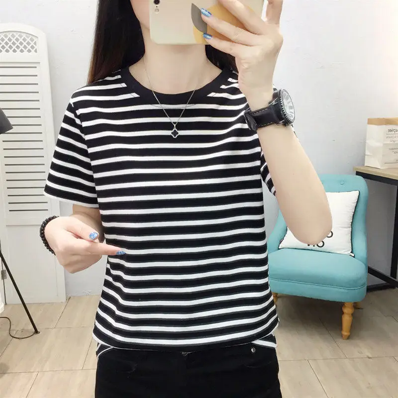 Slimming Effect Summer T-Shirt Women's round Neck Striped Short Sleeve Loose Fit Fashionable Versatile Mom Shirt Color Block