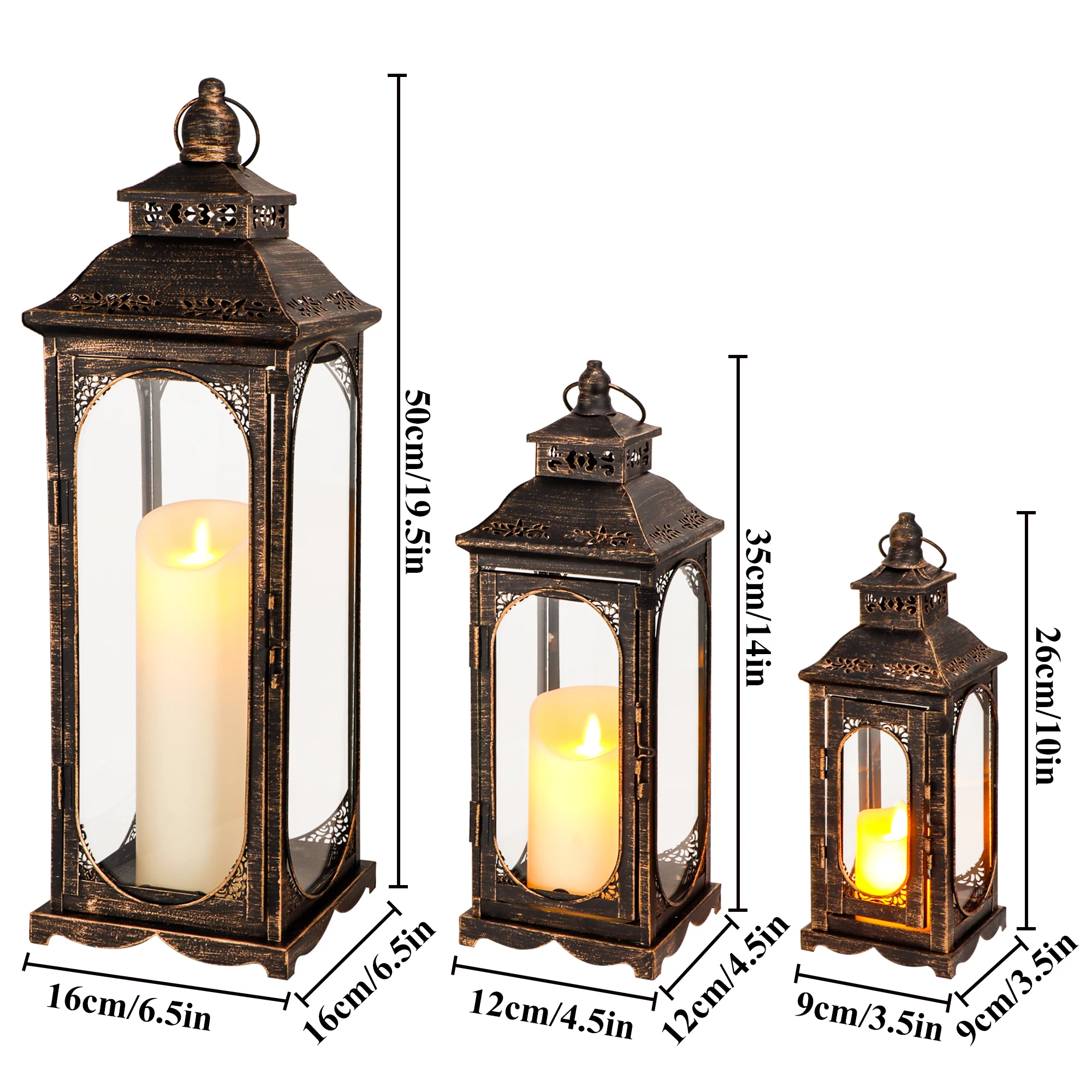 Set of 3 Vintage Candle Lanterns 10/14/19.5''H Decorative Outdoor Lantern Metal Candle Holder with Tempered Glass