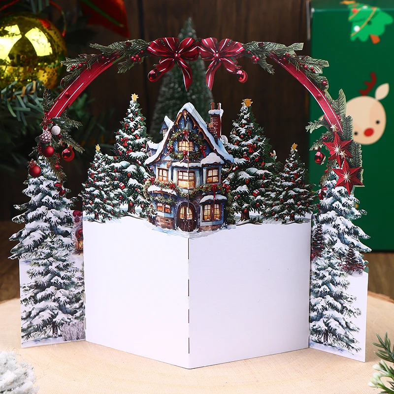 1 قطعة بطاقة عيد الميلاد ثلاثية الأبعاد مع منزل شتوي ثلجي ومغلف تصميم شجرة عيد الميلاد يتضمن تحية احتفالية لأصدقاء العائلة
