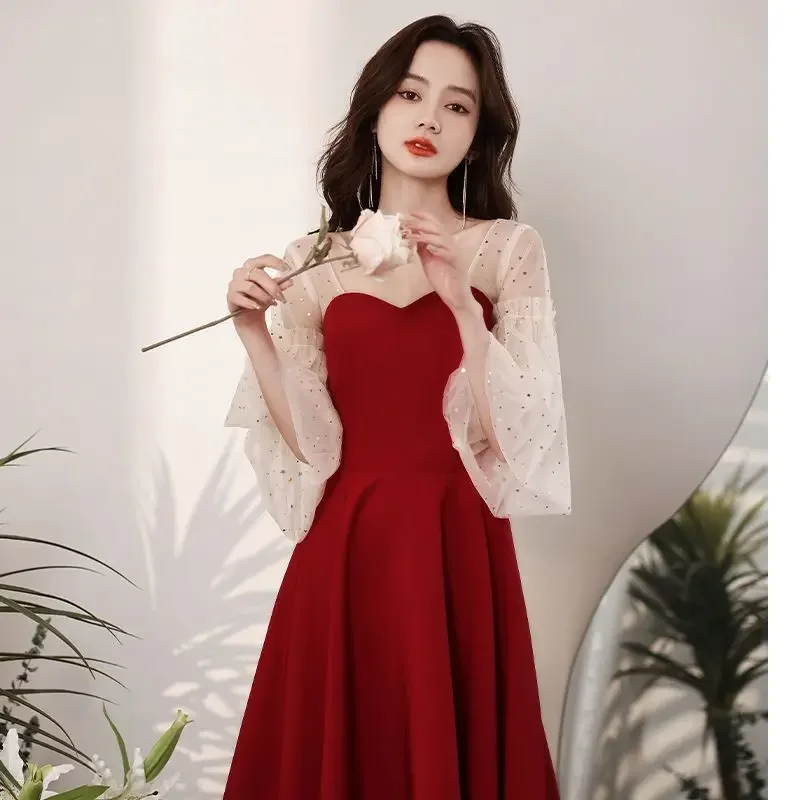 Vestido de noche de novia rojo vino tostado de compromiso más vendido 2025, vestido de cena de princesa para primavera y otoño, vestido de novia elegante para mujer