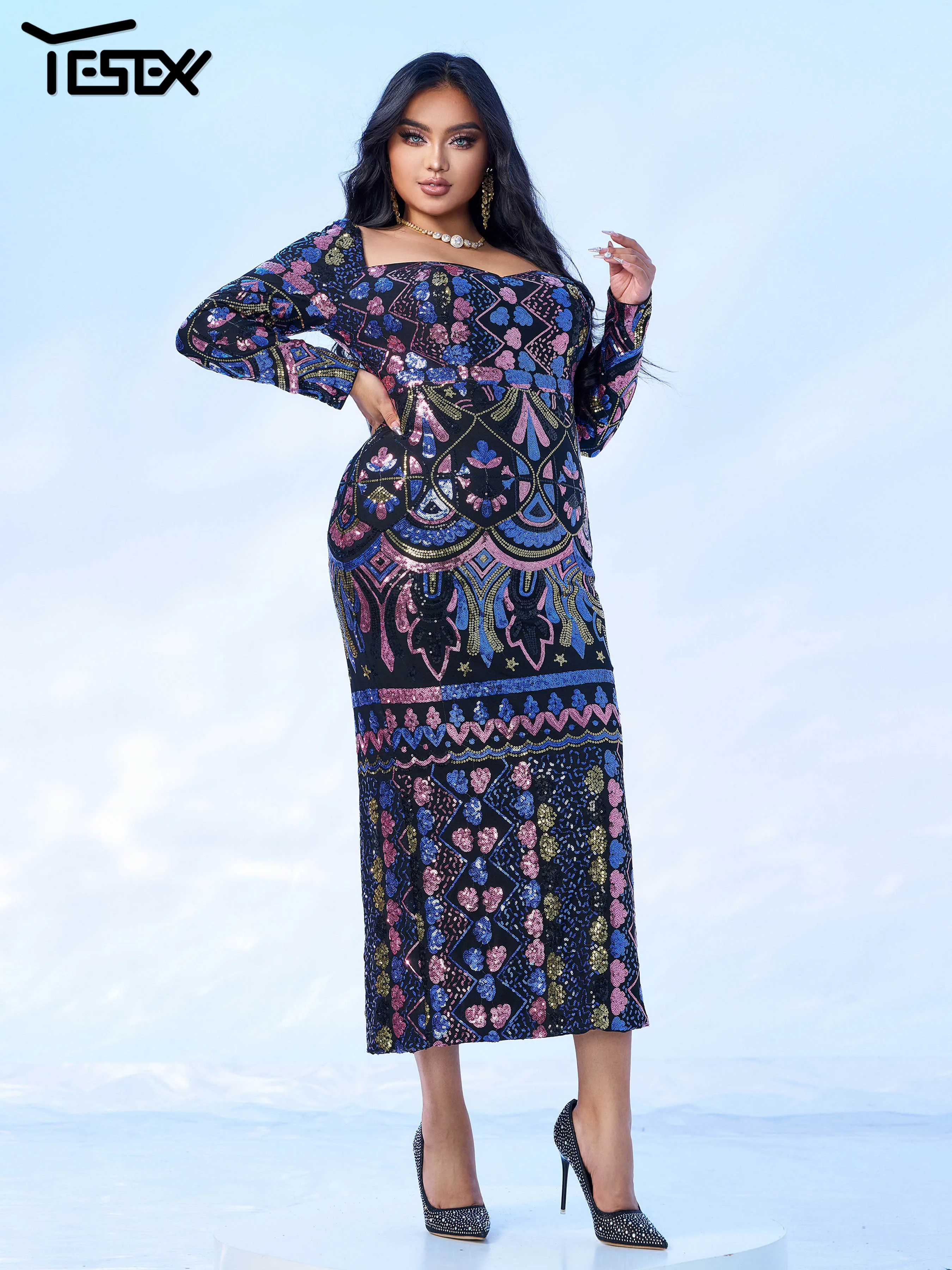 Yesexy New Plus Size Birthday Party Dress Square Neck Long Sleeved Midi Length Sequin Evening Gown Cocktail Prom Dress