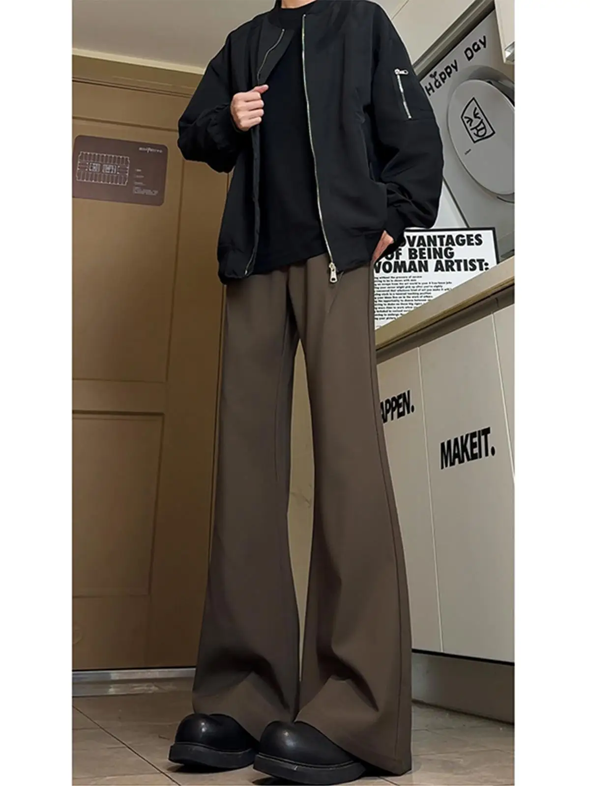 

Мужские брюки-клеш в ретро-японском стиле, свободные, однотонные, повседневные, драпированные, прямые, длинные, весна-осень