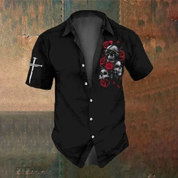 Retro Horror Rose Skull Print Summer Fashion Men's Party Wear Men's Short Sleeve Shirt Street Casual Trendy Oversized SIZE S-5XL