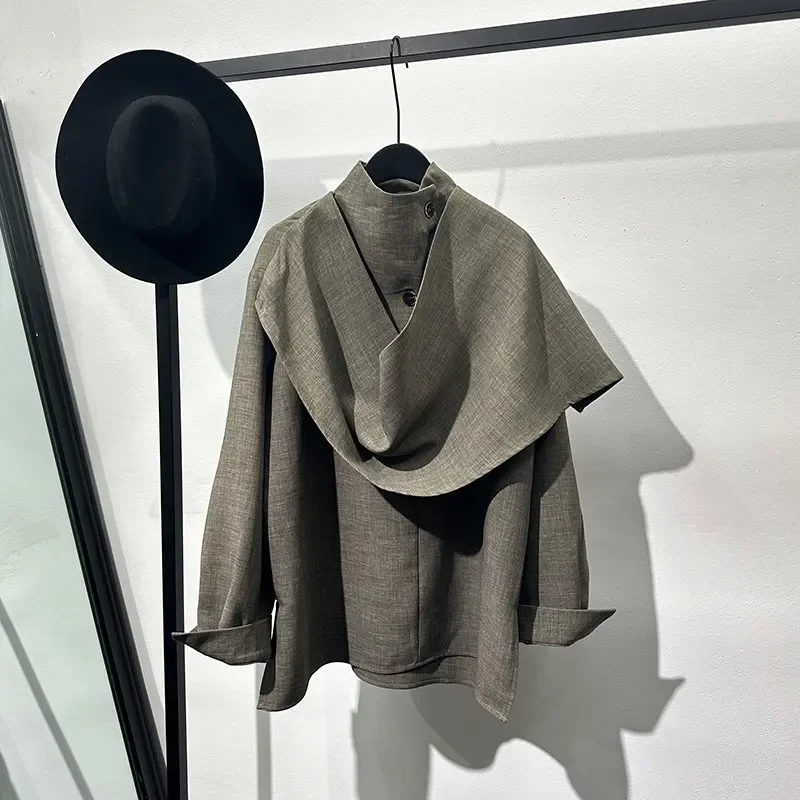Men's Clothing Scarf Spliced   loose Stand-up Collar Long-sleeved Shirt Designer Retro Irregular Top Fashion Jackets