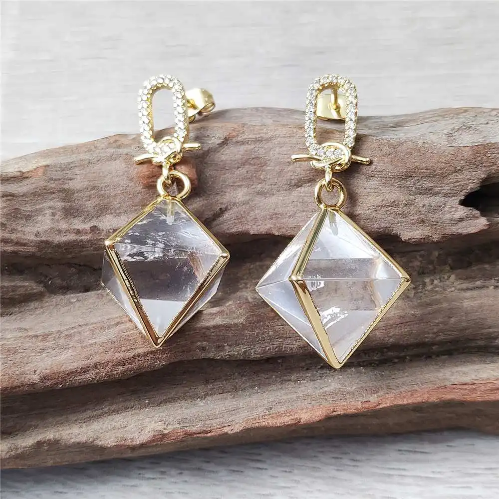 FUWO Wholesale Cubic Zircon Natural Clear Quartz Earrings,Golden Plated Octahedron Jewelry For Women 5Pairs/Lot ER479CZ