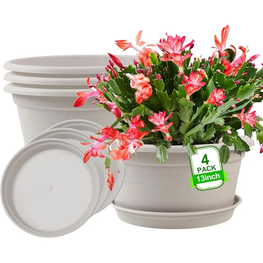 

Large 4 Pack 13 inch Plant Pots, Round Plastic Pots or Plants, Outdoor Planters with Drainage Hole & Tray Saucer, Decoration Lar