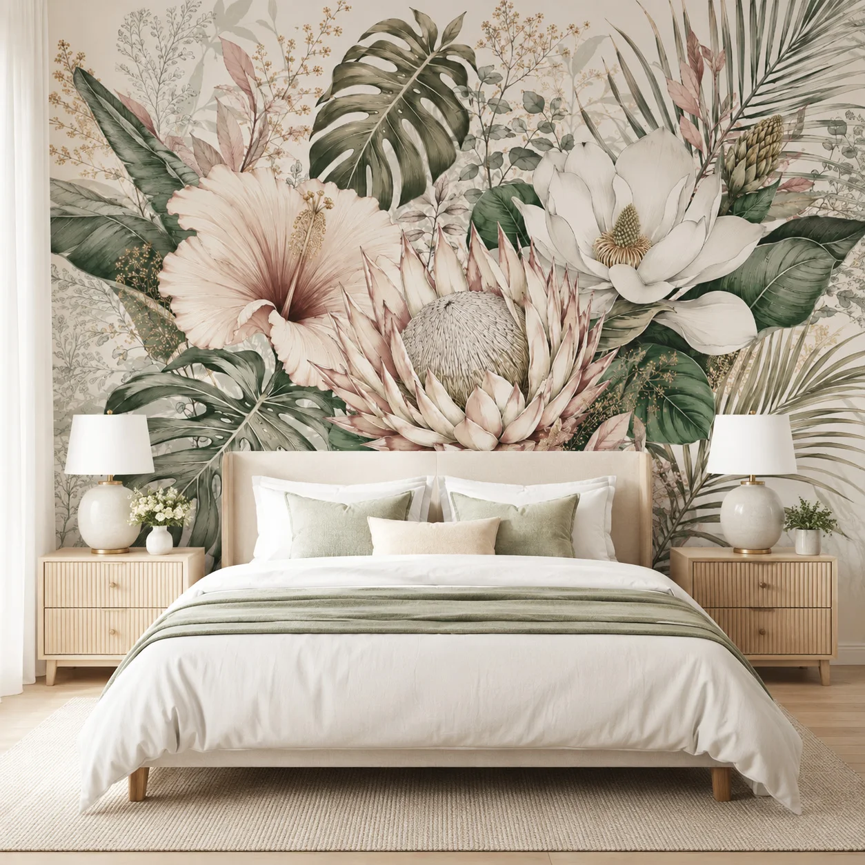 Botanical Wall Mural, Tropical Leaves Floral Wallpaper Beige Green Jungle Decor Non Self Adhesive Living Room Bedroom Wall Decor