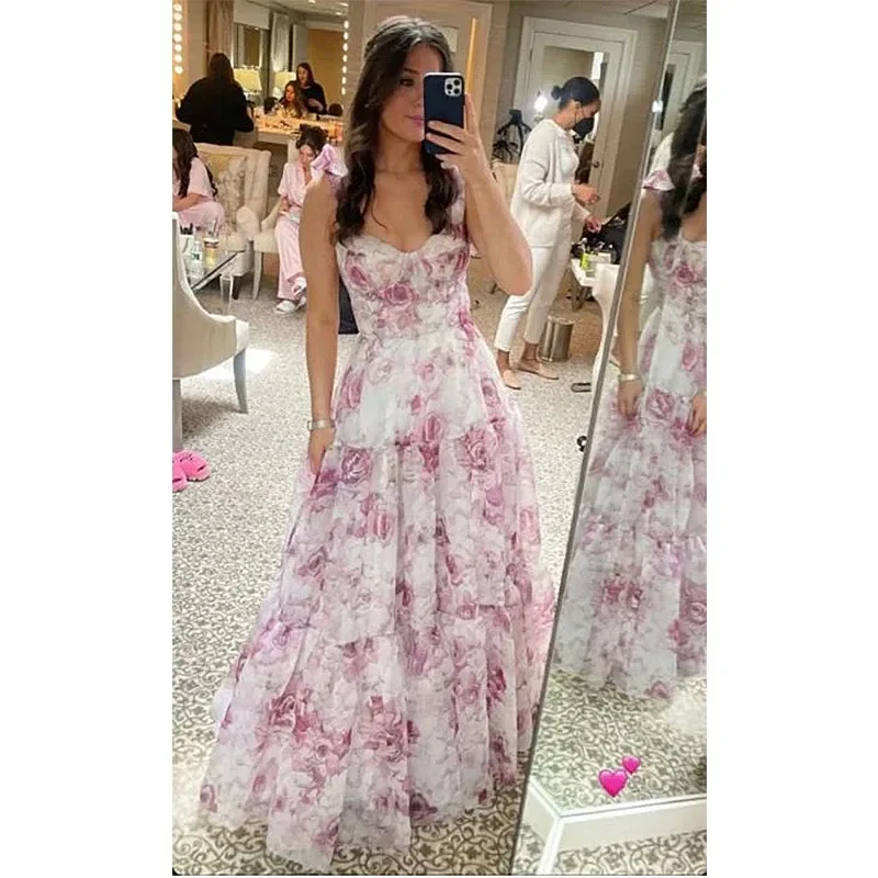 2026 Elegant Sexy V Neck Halter Back Bandage Ruffle Graduation Celebrity Floor Length Dress Women Floral Corset Party Dress